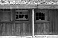 Isolated black and white photograph of abandoned old west saloon dance hall motel in Texas