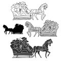 Isolated black and white set of design illustrations of Christmas sleigh with horse and Santa