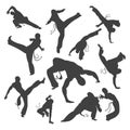 Isolated black and white silhouettes capoeira dancer Isolated on white. illustration set for design