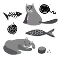 Isolated black and white vector illustration set cartoon cat silhouette and fish Royalty Free Stock Photo