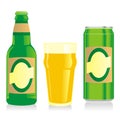 Isolated blonde beer bottle, glass and can
