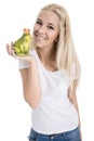 Isolated blonde teenager with frog in her hand - concept for love. Royalty Free Stock Photo