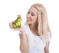 Isolated blonde woman holding a frog in her hand - concept for l Royalty Free Stock Photo