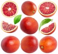 Isolated blood oranges. Collection of whole and cut red oranges of different shapes, leaves isolated on white Royalty Free Stock Photo