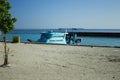 Isolated blue boat in the harbor Royalty Free Stock Photo