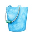 Isolated blue bucket on white background. Textured watercolor drawing of a garden tool