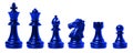 Isolated blue chess set chess piece king, queen, bishop, knight horse, rook, pawn on white background. business, competition, Royalty Free Stock Photo