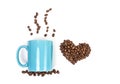 isolated blue cup of coffee and heart made of coffee beans Royalty Free Stock Photo