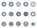 Blue gear and cog icons set