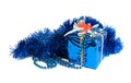 Isolated blue present with fir and beads Royalty Free Stock Photo