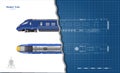 Isolated blueprint of blue modern train. Side and top views. Realistic 3d locomotive. Railway vehicle. Railroad