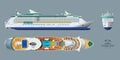 Isolated blueprint of cruise ship. Side, top and front views. Realistic 3d liner. Detailed drawing of modern vessel Royalty Free Stock Photo