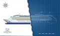 Isolated blueprint of cruise ship. Side view. Realistic 3d liner. Detailed drawing of modern marine vessel Royalty Free Stock Photo