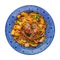 Isolated bowl of asian beef noodle wok dish Royalty Free Stock Photo