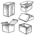 Isolated boxes sketches or hand drawn realistic cube containers.