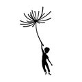 Isolated boy flying on dandelion seed. Dream scene. Black silhouette of fantasy adventure