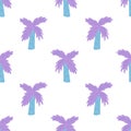 Isolated bright cartoon seamless pattern with simple purple palm tree silhouettes. White background