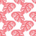 Isolated bright seamless botanic pattern with exotic pink monstera elements. White background. Simple print