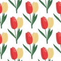 Isolated bright spring seamless tulip pattern. Flower silhouettes with red and yellow buds on white background Royalty Free Stock Photo