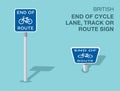 Isolated British end of cycle lane, track or route sign. Front and top view. Royalty Free Stock Photo