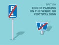 Isolated British end of parking on the verge or footway sign. Front and top view. Royalty Free Stock Photo