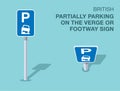 Isolated British partially parking on the verge or footway sign. Front and top view.