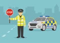 Isolated british traffic police officer holding a stop sign. Police suv car perspective front view. Royalty Free Stock Photo