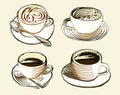 Isolated brown color cup in retro style logos set, logotypes collection for coffee house vector illustration. Royalty Free Stock Photo