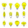 Isolated Bulbs of different types hand drawn doodle bulb set fluorescent, filament, halogen, diode and other illumination electric