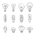 Isolated Bulbs of different types hand drawn doodle bulb set fluorescent, filament, halogen, diode and other illumination electric