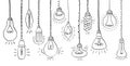 Isolated Bulbs of different types with light hand drawn doodle bulb set: fluorescent, filament, halogen, diode and other