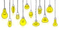 Isolated Bulbs of different types with light hand drawn doodle bulb set: fluorescent, filament, halogen, diode and other