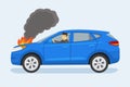 Isolated burning blue modern suv car. Scared driver looking at his broken suv car.