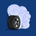 Isolated burnout wheel on a blue background. smoke wheel hand drawn illustration Royalty Free Stock Photo