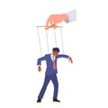 Isolated businessman or office worker character hanged on string controlled by employer puppeteer