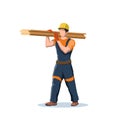 Isolated cartoon builder. Construction worker in overalls. Contractor carries boards. Workman in helmet