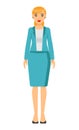 Businesswoman in turquoise office suit, dresscode of business lady with red lips, elegant hairstyle