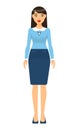 Isolated businesswoman wearing stylish turquoise skirt and blouse, dresscode of businessworker Royalty Free Stock Photo