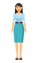 Isolated businesswoman wearing stylish turquoise skirt and blouse, dresscode of businessworker