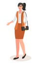 Isolated cartoon character, young woman wearing office blouse, skirt, holding handbag smiling Royalty Free Stock Photo