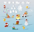 Isolated cartoon for christmas santa claus, reindeer, snowman, sledding, present