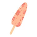 Isolated cartoon colorful ice cream on stick with strawberry in flat vector style on white background. Royalty Free Stock Photo