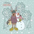 Isolated Cartoon cute hand drawn Christmas deer with snowwoman