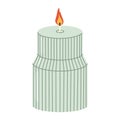 Isolated cartoon figure light green wax candle. Modern decoration for home interior, spa, relax.