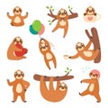 Isolated cartoon funny sloth characters. Asleep, hanging and meditation sloths. Wild animal baby mascots, cute classy