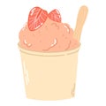 Isolated cartoon ice cream with strawberry sorbet in beige round box with a stick in flat vector style on white background. Royalty Free Stock Photo