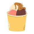 Isolated cartoon ice cream with three colorful ball in yellow round box in flat vector style on white background. Royalty Free Stock Photo