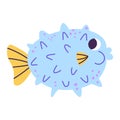 Isolated cartoon inflated blue marine puffer fish with spots in hand drawn flat style Royalty Free Stock Photo