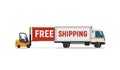 Isolated cartoon loader unloads the truck vector object. Free shipping delivery service