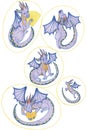 Isolated cartoon portraits of a cute lilac dragon in yellow frames